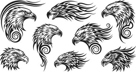 Obraz premium Detailed Eagle Head Vector Set with Dynamic Tribal Feather Flow and Bold Line Art, Fierce Bird Mascot Designs for Tattoos, Logos, and Branding Graphics