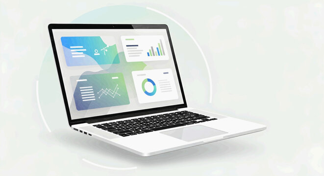 Modern laptop displaying financial data and business analytics with charts and graphs on screen, representing digital business growth and technology