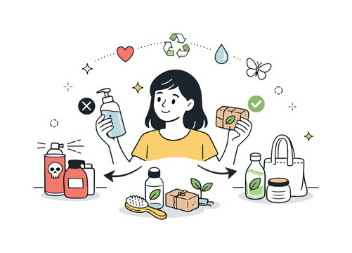 Reducing hormone disruptor exposure. Person choosing safer alternatives, replacing products with eco-friendly or minimal packaging options. Scene conveys