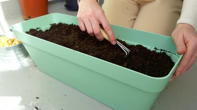Female gardener using a hand tool to prepare soil in a green planter box for planting seeds