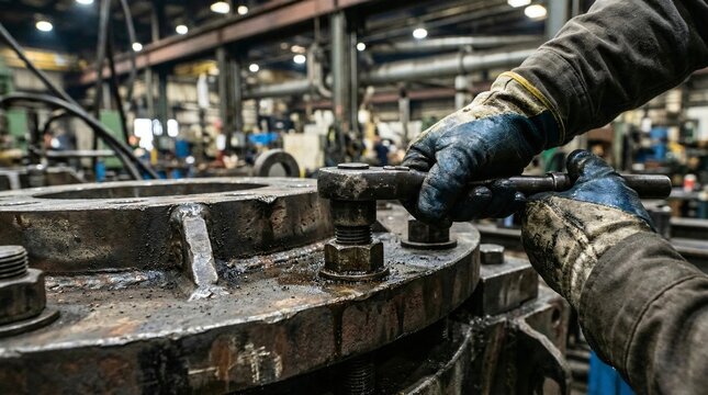 Close-up shot of an industrial mechanic's gloved hands using a heavy-duty wrench to tighten a massive bolt on a steel flange