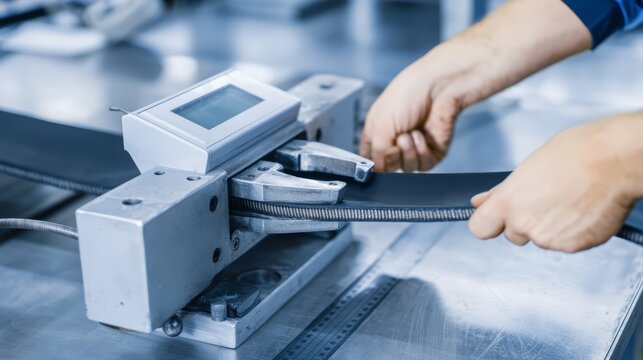 A rubber quality control technician pulling a sample cut of vulcanized conveyor belt rubber.