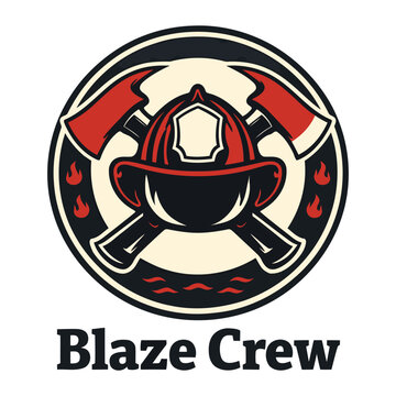 Vibrant firefighter emblem design featuring crossed axes and helmet with flames isolated illustration perfect for logos brands and emergency services themes