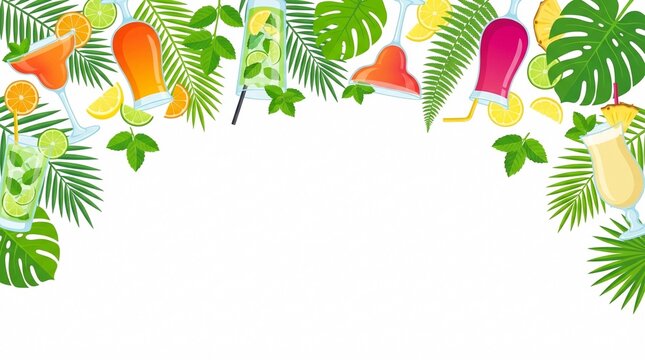 Summer Tropical Cocktails and Exotic Leaves Border Illustration