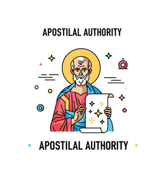 Apostolic authority theme centered on a portrait icon of Saint Peter holding a scroll with subtle star accents, symbolizing teaching and spiritual legacy. The