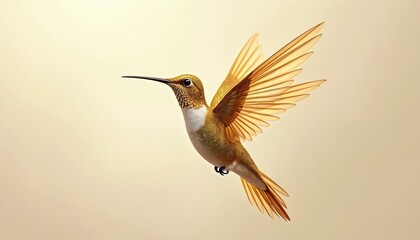 Fototapeta premium Golden hummingbird hovering mid-air. Tiny bird with iridescent feathers and transparent wings appears delicate and swift. Symbolizes nature, magic and precious moments.