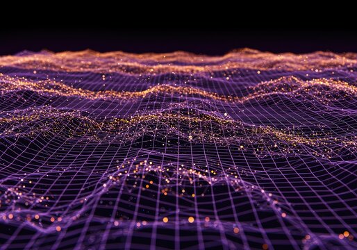 Visualizing rhythmic abstract energy fields flowing across a digital grid surface, depicting theoretical data structure and fluid movement, vibration, geometric, modulation