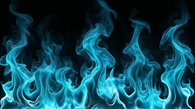 Abstract Blue Fire Flames Flickering on Black Background