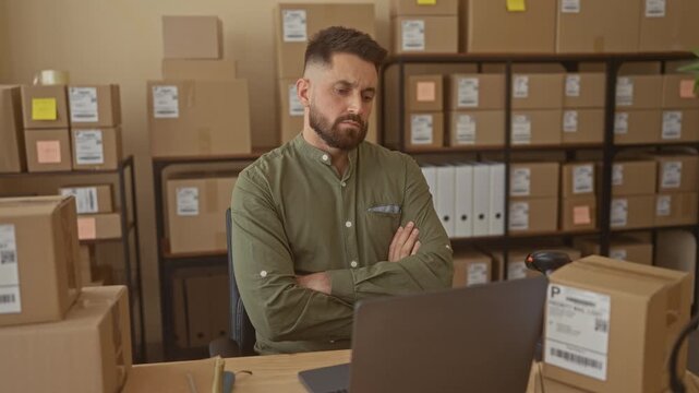 Man with beard folds arms over stacked shipping boxes at a warehouse desk, looking at laptop; small business concern.