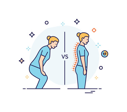 Posture correction concept showing a side by side comparison of slouched and upright silhouettes with a subtle spine alignment line, expressing improvement and
