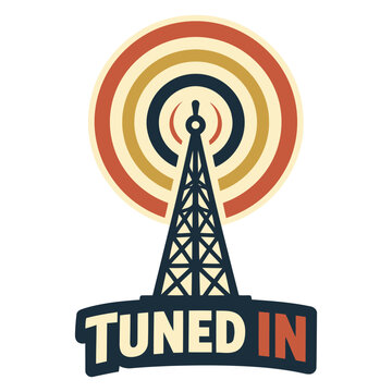 Vintage radio transmission tower with colorful concentric signal waves illustration perfect for podcasts streaming and broadcasting themes