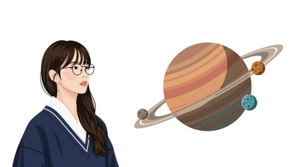 Curious Young Woman Looking at Saturn and its Moons, Space Exploration Concept © Muhammad