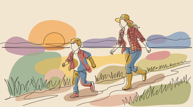 A mother and child walking along a scenic path during sunset, illustrated in a minimalist line art style