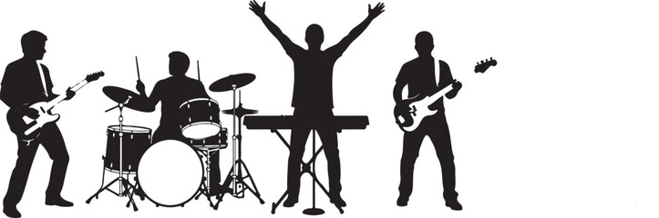 Fototapeta premium Silhouette of a rock band performing on stage with musical instruments