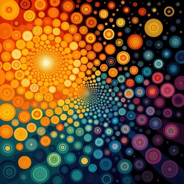 composici&oacute;n que muestra c&iacute;rculos coloridos luminosos atra&iacute;dos por un sol central