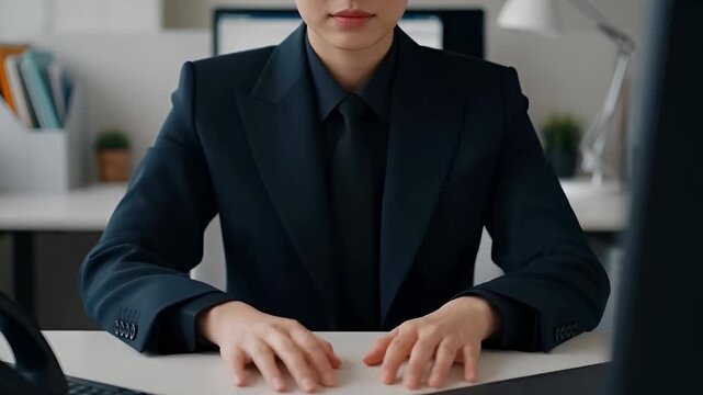 Professional person in dark suit typing at a desk inside a modern office