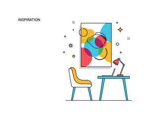 Fototapeta premium Inspiration wall and workspace concept showing a minimal chair and table placed beneath a bold abstract painting. The image reflects individuality,