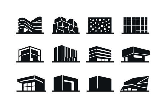Modern Facade Design. Solid icon set of Modern Facade Design: parametric facade, abstract facade geometry, perforated facade panels, curtain wall facade,