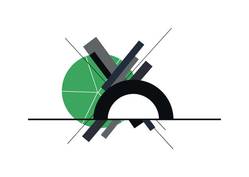 black and white semicircle resting on thin baseline, large green geometric circle partially hidden behind and black rectangular fragments layered diagonally,