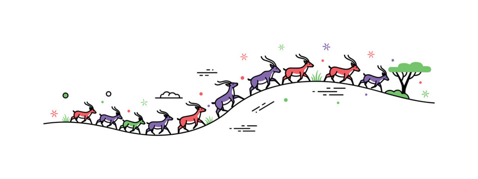 Herds of wild animals on the move with a flowing line of simplified antelope silhouettes crossing a minimal savanna landscape. The composition