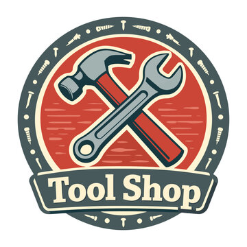 Vintagestyle tool shop logo design featuring crossed hammer and wrench illustration perfect for hardware stores and repair services