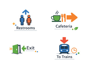 Naklejka premium Navigation signage system guiding movement through a clean public space, using arrows and symbols to communicate direction, clarity, and confidence