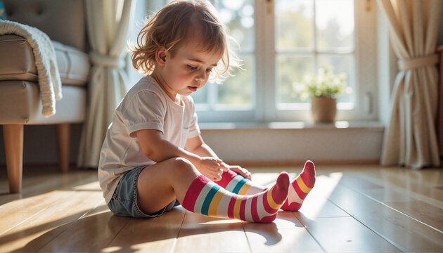 Toddler sitting on floor putting on colorful striped socks independently