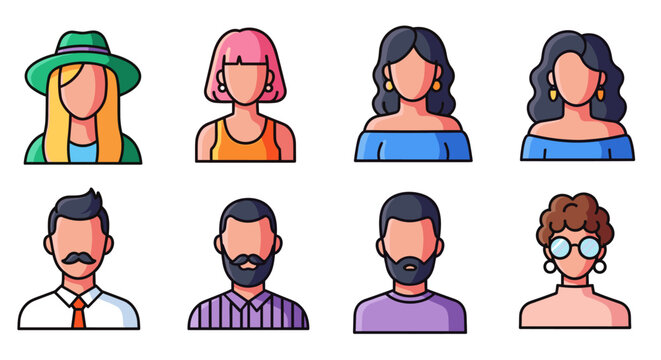 A collection of diverse character avatars featuring various hairstyles and accessories in a flat design style