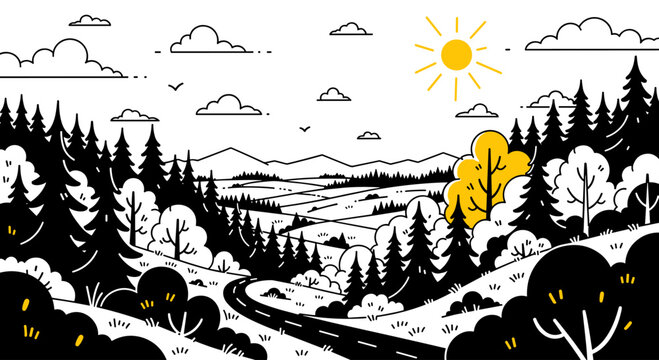 A scenic landscape illustration featuring rolling hills, trees, and a winding road in a minimalist style