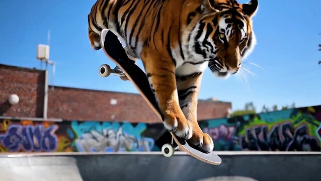 Tiger Skateboard Action 8K: Midday Sun Shadows, Sharp Subject Detail, Zero Blur Kickflip Video.
