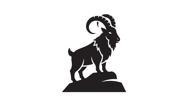 Ram silhouette with big horns, mountain goat ibex vector icon