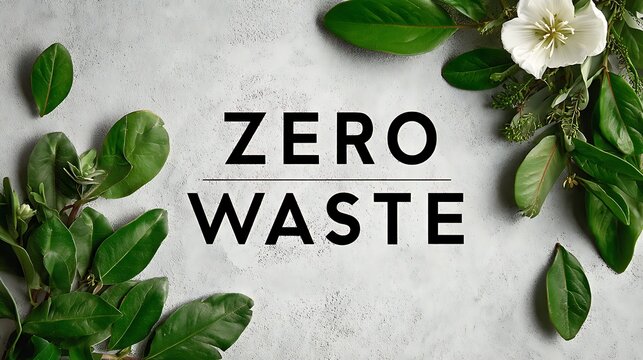 A minimalist zero waste concept with green leaves and a white flower on gray background