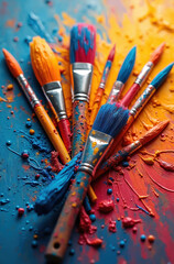 Obraz premium Group of art brushes loaded with vivid oil paints in blue red yellow and orange hues. Wet paint splatters on canvas surface. Close up on tool detail for creative artist studio.