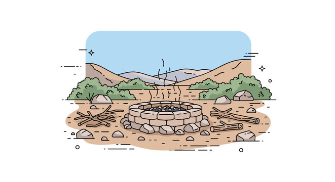 A serene camping scene featuring a stone fire pit surrounded by nature, illustrated in a minimalist style