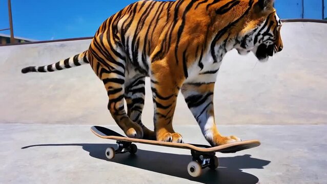 Urban Skatepark Tiger Kickflip: Massive Air Out of Concrete Bowl, 8K Photorealistic Action Video.
