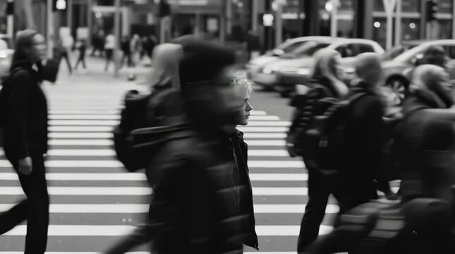 A scramble intersection in a business district. A 17 year old punk is in the middle of the intersection. The blurring motion emphasizes the speed of the crowd, and this photo, taken from the city cent