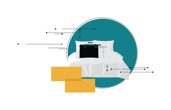 minimalist monochrome image of suitcase on bed with packing list nearby, contrasted by bold teal circular backdrop and mustard yellow rectangular shapes, thin