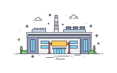 Fototapeta premium Industrial park factory frontage illustrated by a modern rectangular building with rooftop vents and a centered signage panel. The scene reflects clean