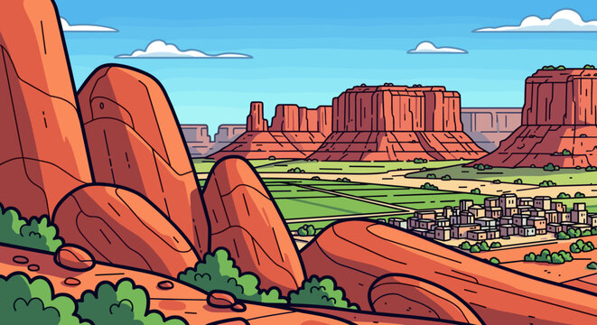 A colorful illustration of a desert landscape featuring red rock formations and a small town in the foreground, in a modern flat style