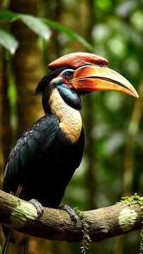 Rhinoceros Hornbill Perched: Captivating shot of a Rhinoceros Hornbill with its impressive casque and vibrant plumage, perched on a branch amidst a verdant rainforest.