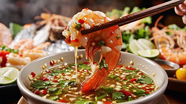 Shrimp Delights: A close-up shot showcasing the succulent shrimp, gracefully dipped into a flavorful sauce, creating an appetizing culinary scene.
