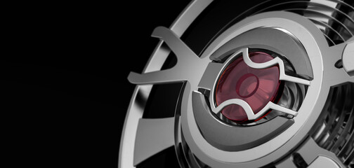 Luxury watch mechanism macro with ruby jewel on black background, precision engineering detail