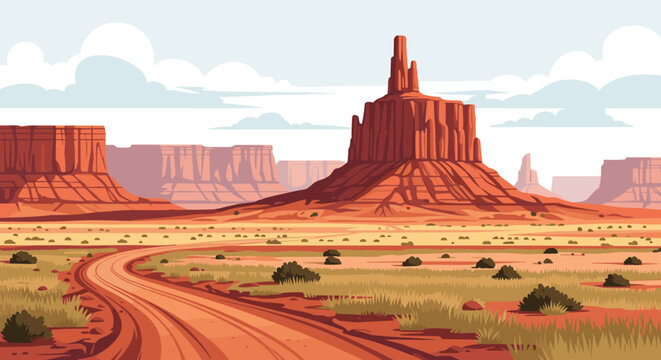 A stunning desert landscape featuring red rock formations and a winding dirt road in a flat illustration style