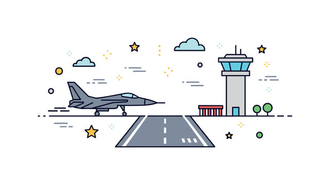 Air force base operations centered on a simple runway strip with a parked fighter jet silhouette and control tower, symbolizing readiness and aerial defense.