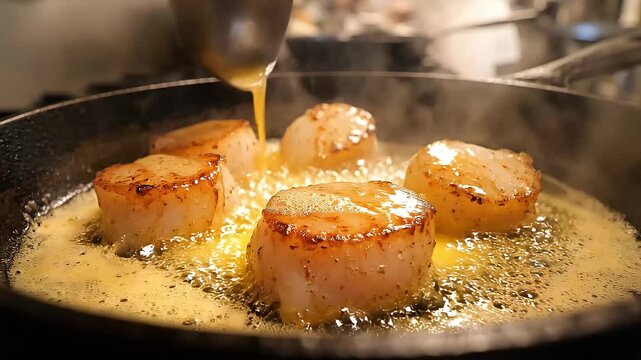 Sizzling Scallops in Pan: A culinary artist drizzles a luscious sauce over succulent scallops as they sizzle in a hot pan, an enticing vision of gourmet seafood.