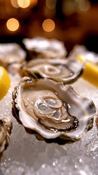 Ocean Delights: Fresh, succulent oysters, exquisitely presented on a bed of ice, with a zesty lemon, creating a captivating culinary scene. 