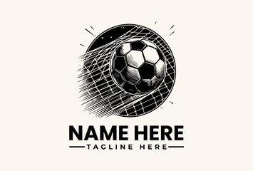 Black and white illustration of a soccer ball flying into a goal net with motion lines, accompanied by placeholder text for a logo or brand name in a modern design style against a plain © vectorvovdesign