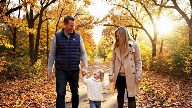 Happy family walking together in autumn park. Parents hold hands with cheerful child surrounded by colorful fall leaves. Warm atmosphere creates joyful memorable moments.