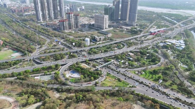 Aerial view of Noida Agra Highway round circle flyover at Okhla bird sanctuary in Noida, Uttar Pradesh