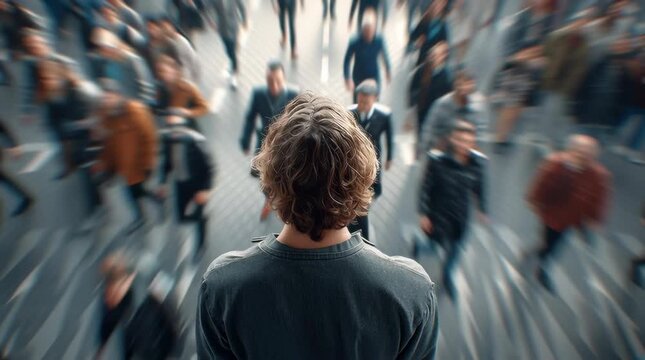 overhead view (bottom-up perspective) of a young man with long hairs seen from behind standing still in the middle of a busy street, centered composition, the world rushing around him, pedestrians mot